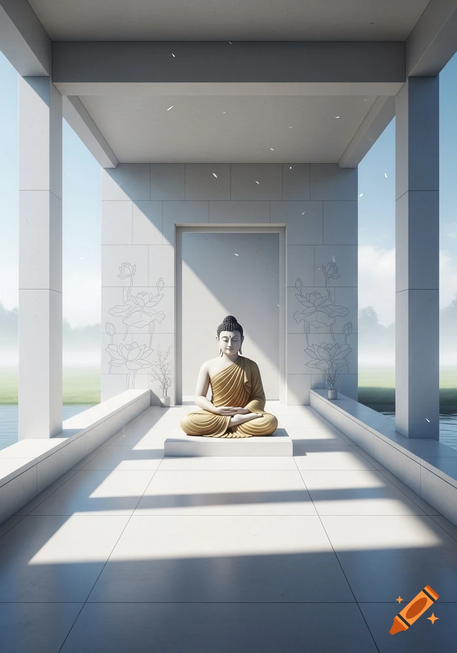 A serene gold Buddha statue meditates in a modern white architectural structure overlooking a misty landscape.