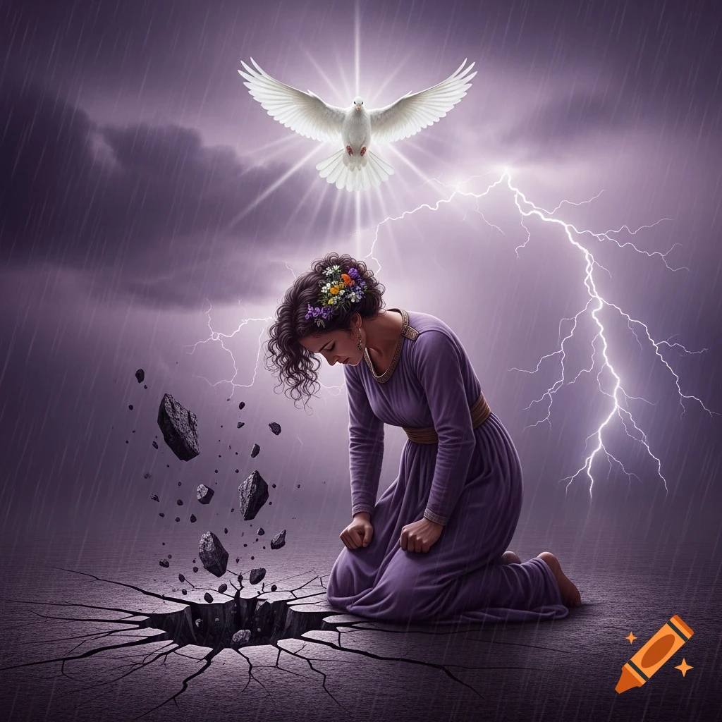A woman in a purple dress kneels with bowed head, flowers in her hair, as a white dove shines above. The earth cracks with lightning and rain under a stormy purple sky.