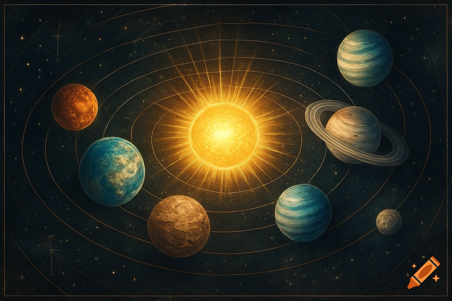 A stylized solar system with a bright sun at the center and six planets orbiting.