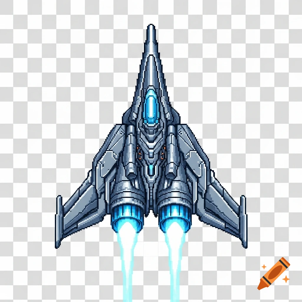 A top-down pixel art spaceship with blue glowing engines, designed as a game sprite, on a transparent background.