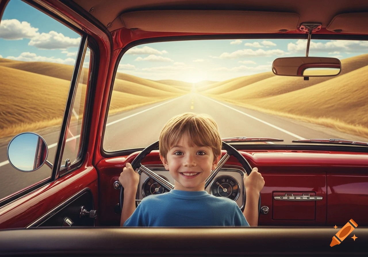 A smiling boy in a blue shirt holds the steering wheel of a red vintage car on a long road through golden hills.