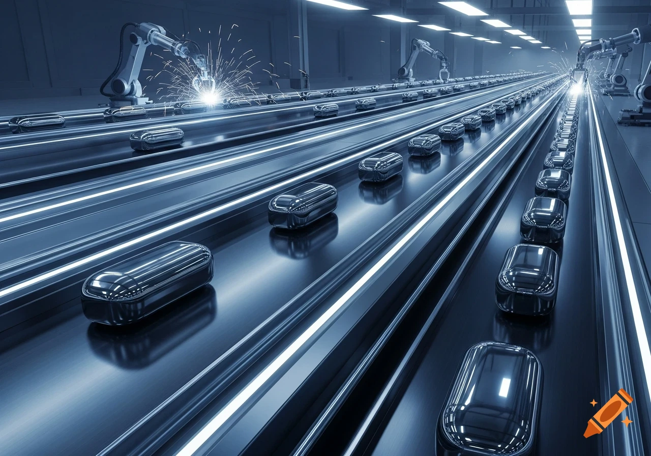 Robotic arms weld metallic objects on a conveyor belt in a futuristic, sleek factory setting.