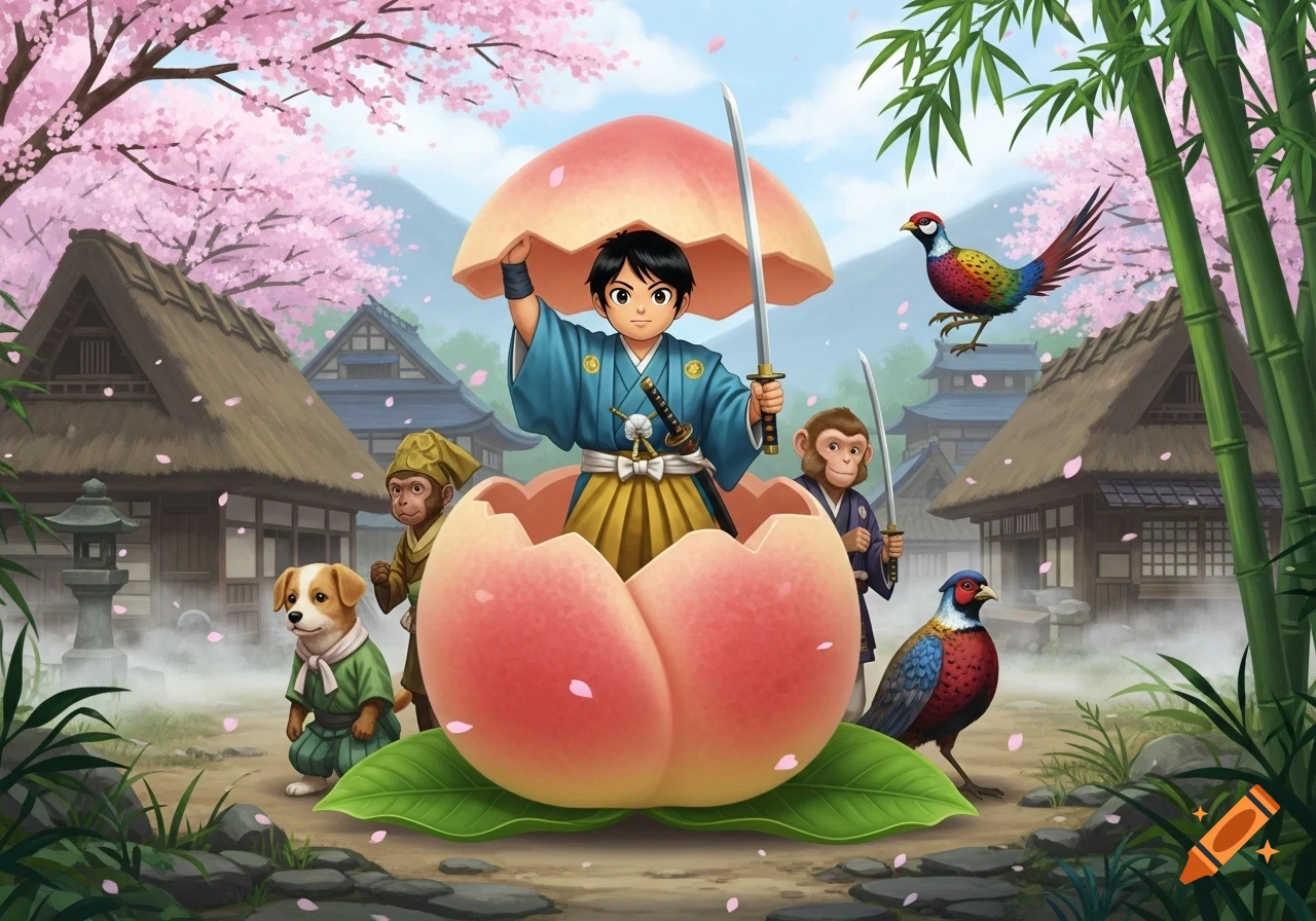 Momotaro, a boy with a sword, emerges from a peach in a Japanese village, surrounded by a dog, two monkeys, and two pheasants, under cherry blossoms.