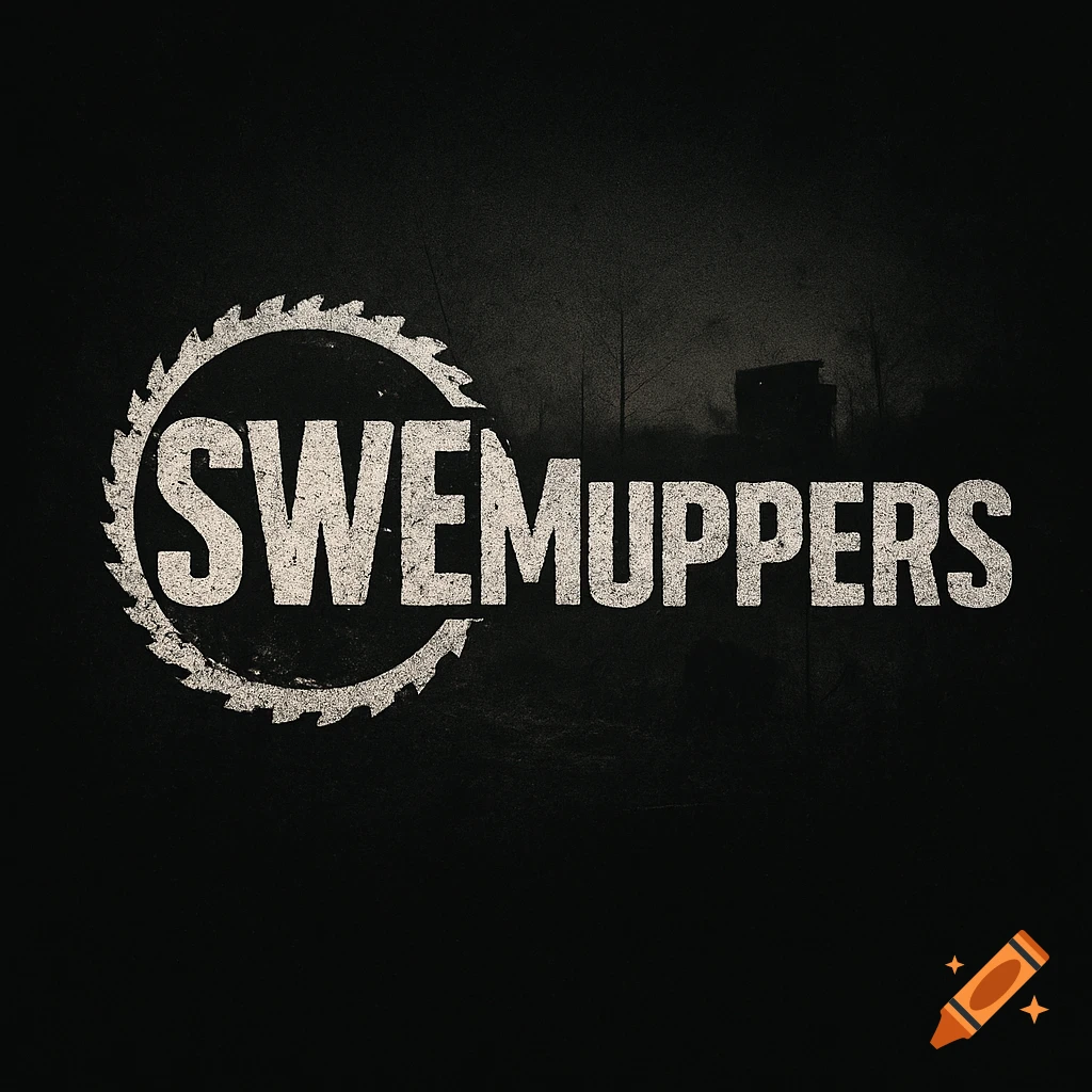 A grunge-style logo featuring the text "SWEMUPPERS" in a sawblade circle against a dark, foggy background with faint trees.