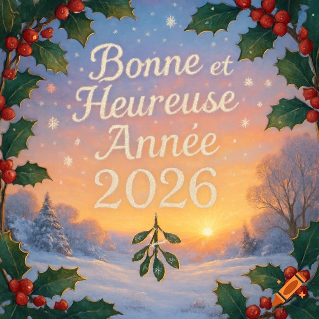 A snowy rural landscape at sunrise with golden light, framed by holly, featuring the text 'Bonne et Heureuse Année 2026' and a sprig of mistletoe.