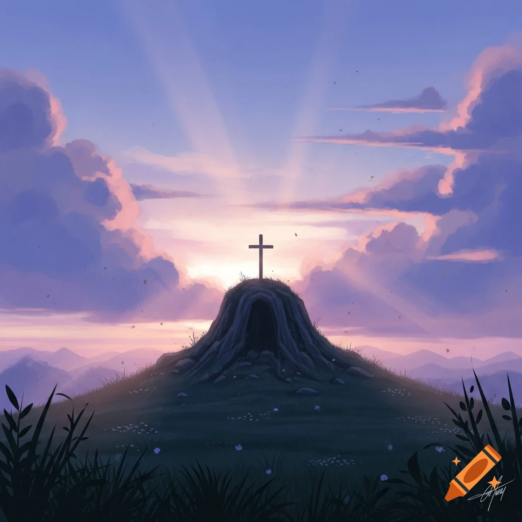 A serene illustration of a lone cross on a grassy hill with a cave entrance, silhouetted against a dramatic purple and orange sunset sky.