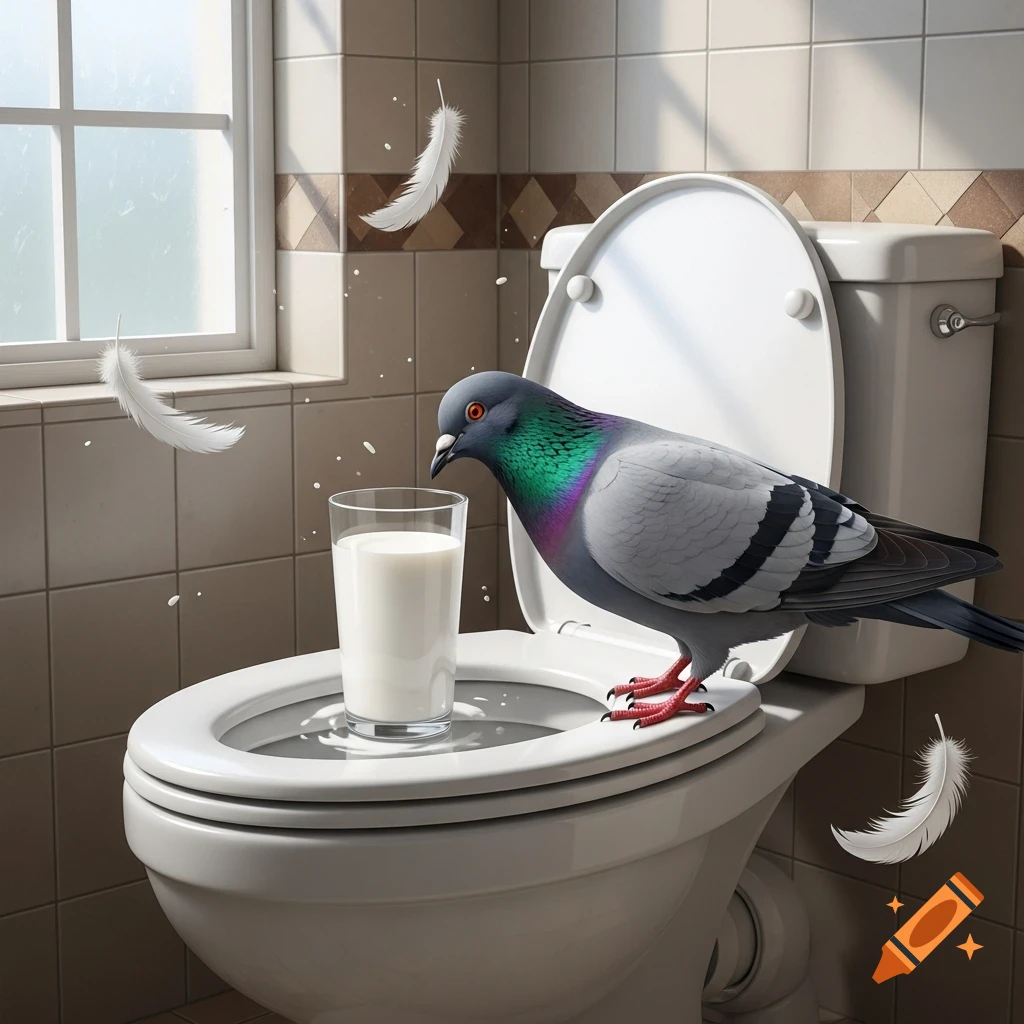 A photorealistic image of a pigeon standing on a toilet seat next to a glass of milk in a bathroom, with white feathers floating around.