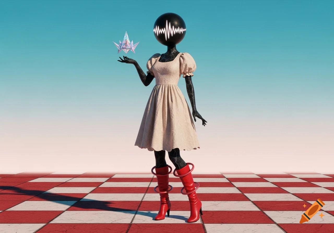 A stylized figure with a black spherical head and white sine wave face, in a pale dress and red boots, holding a crystal on a checkered floor.