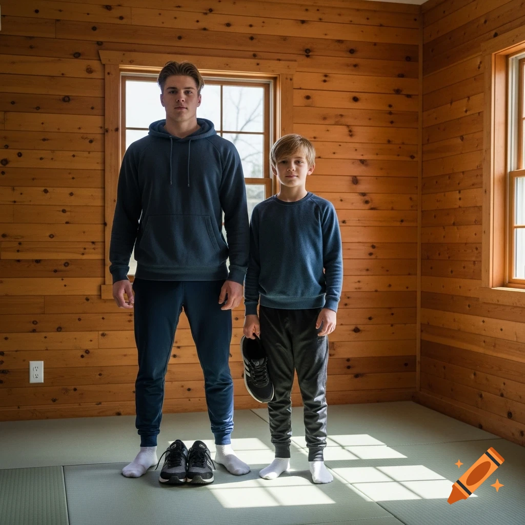 A taller teenager and a younger boy in blue tracksuits and white socks stand on tatami mats in a wooden room, with shoes nearby.