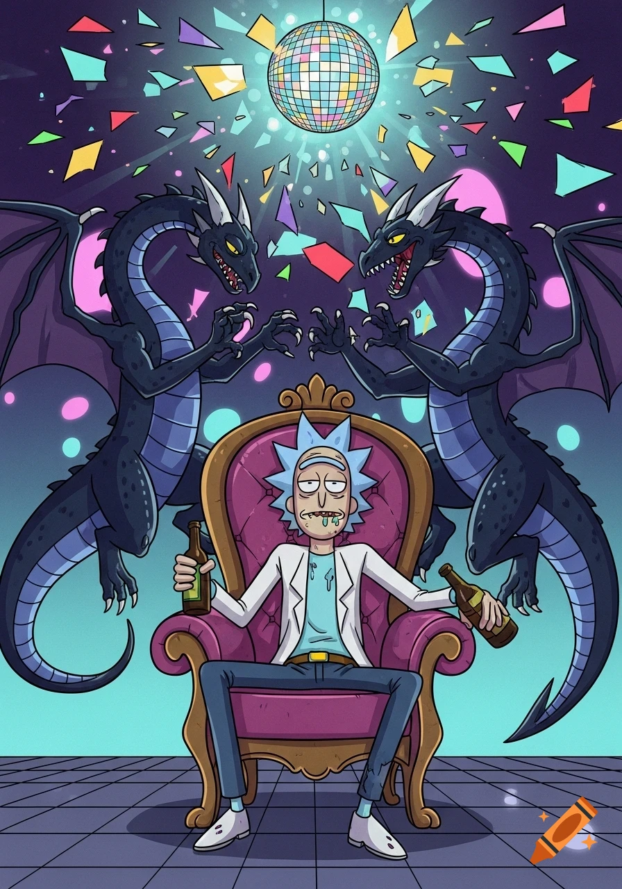 Drunk Rick from Rick and Morty on a throne with beer bottles, two black dragons dancing under a disco ball in a cartoon style.