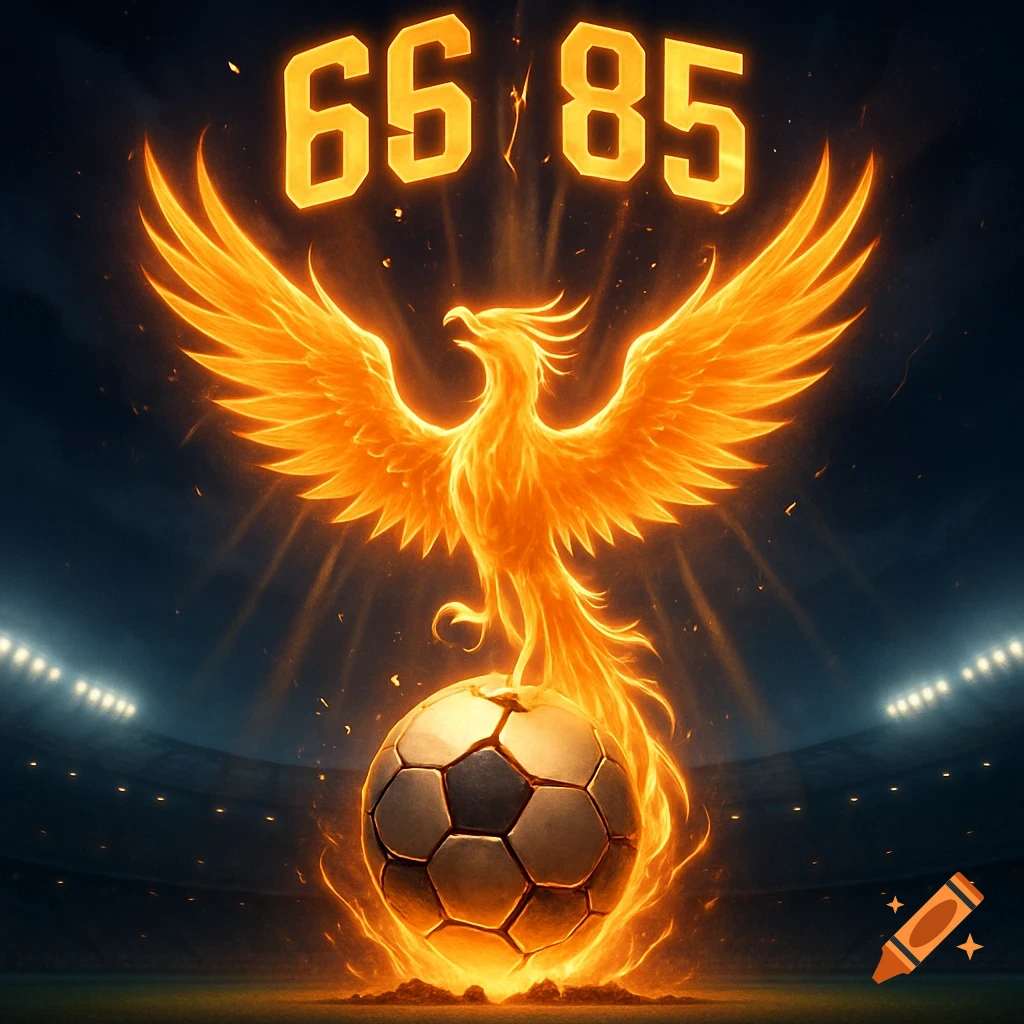 A fiery phoenix rises from a glowing soccer ball in a night stadium, with numbers 66 85 above.
