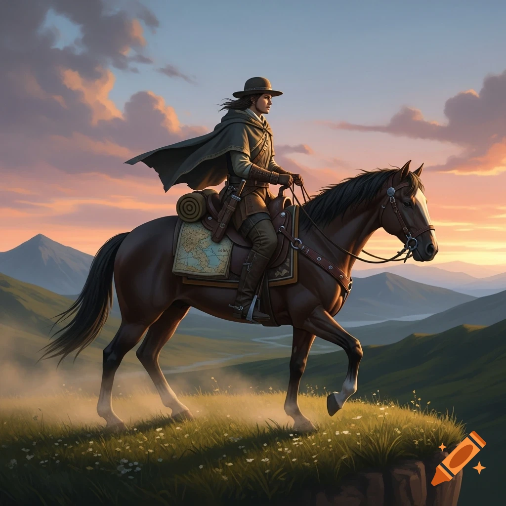 A lone figure on horseback rides along a grassy cliff overlooking a vast mountain range at sunset, in an illustrative style.