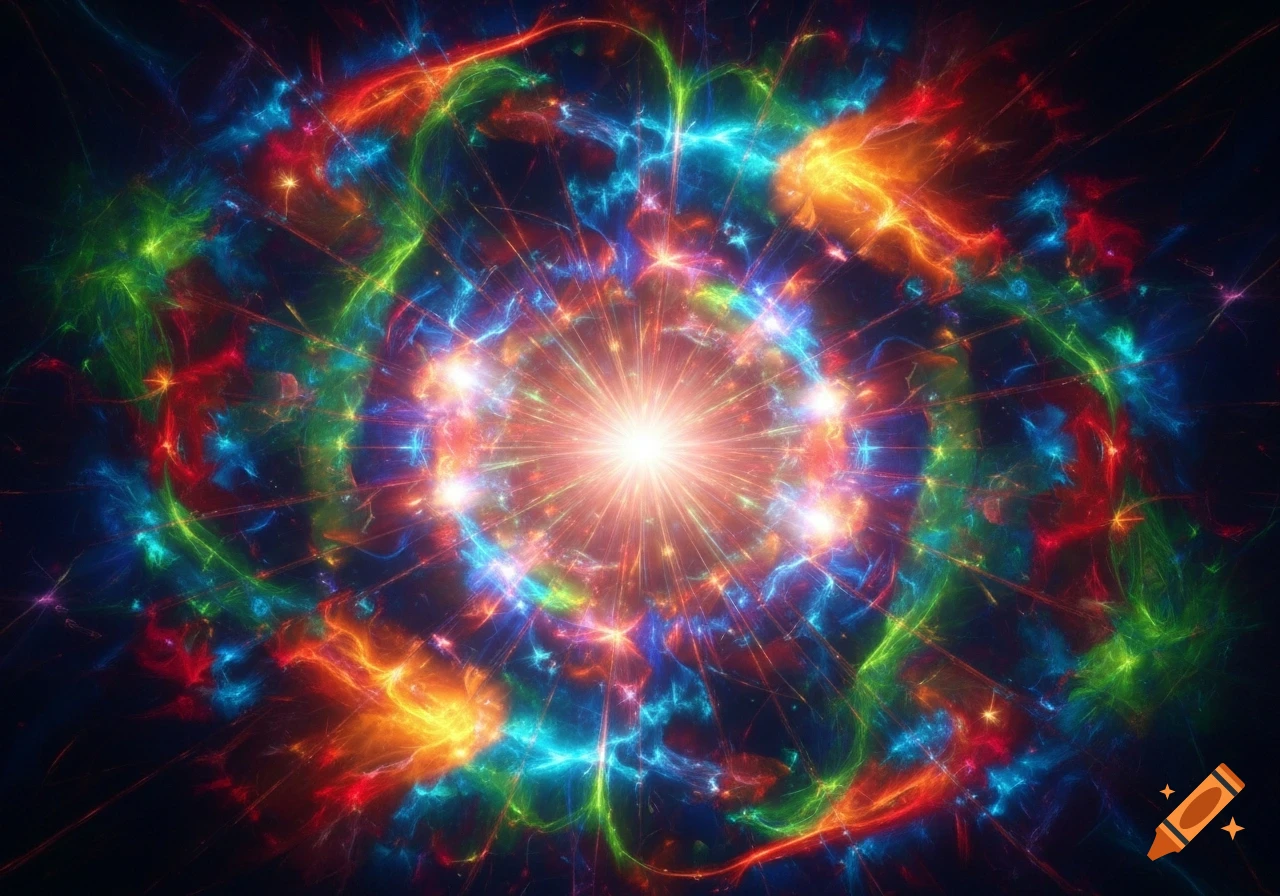 A vibrant abstract explosion of colorful light and energy, with a bright center emanating glowing tendrils of red, green, blue, and orange.