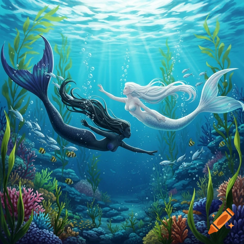 Two mermaids, one dark-skinned with dark hair and one pale-skinned with white hair, swim through a vibrant coral reef with sunlight rays.