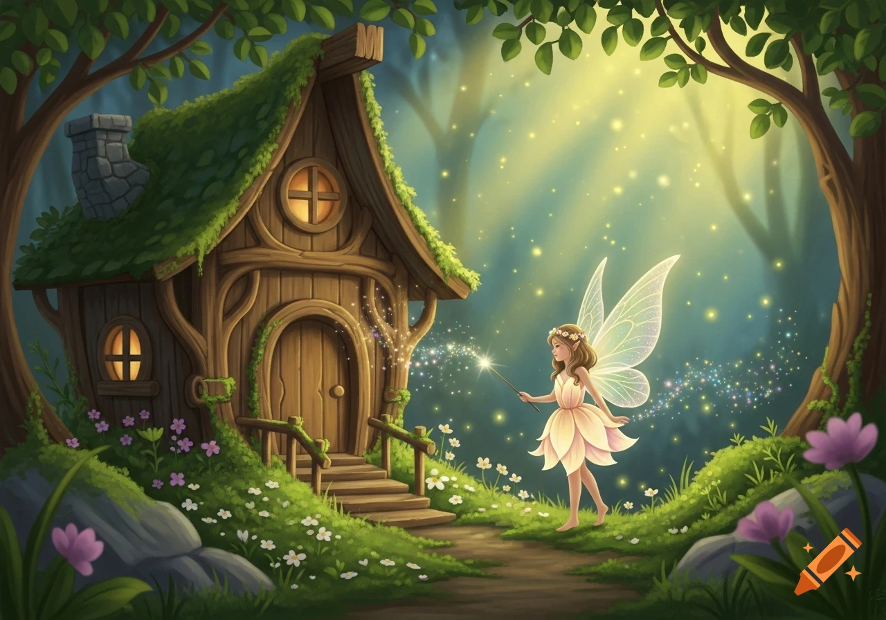 A cute fairy with a magic wand stands on a path outside a moss-covered wooden fairy house in a sun-dappled magical forest.