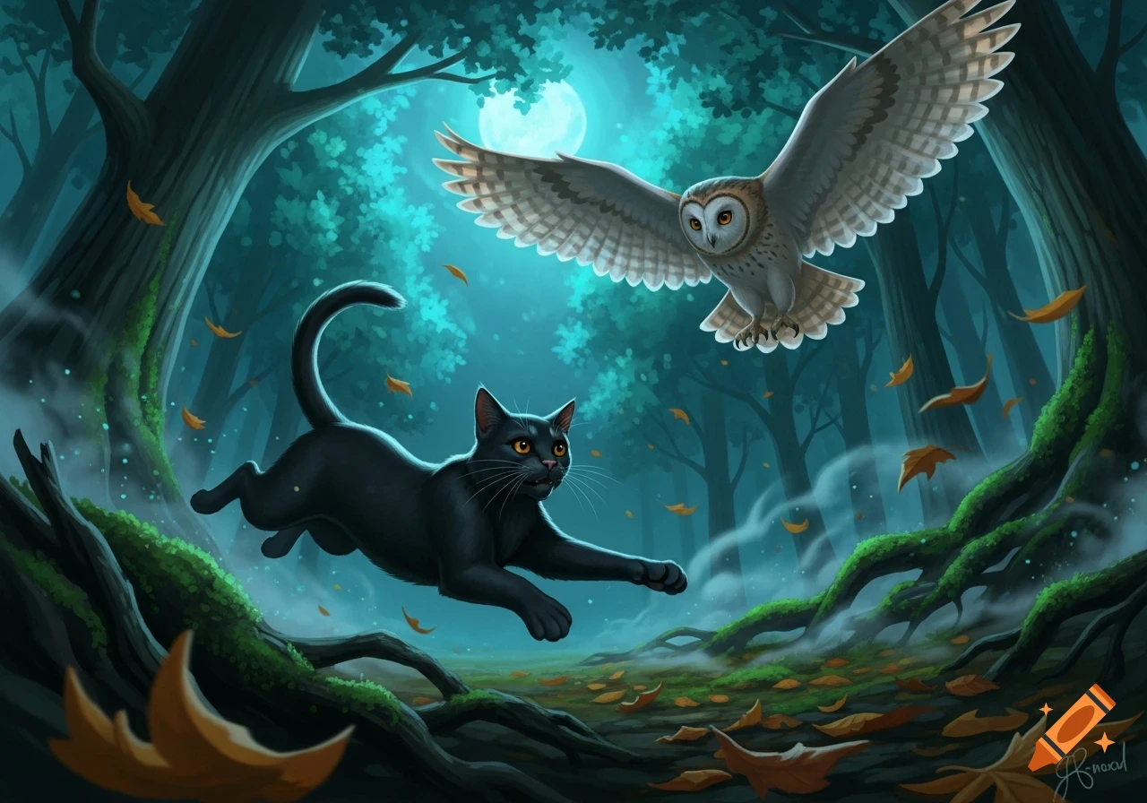 A black cat leaps through a mystical, dark forest at night, looking up ...