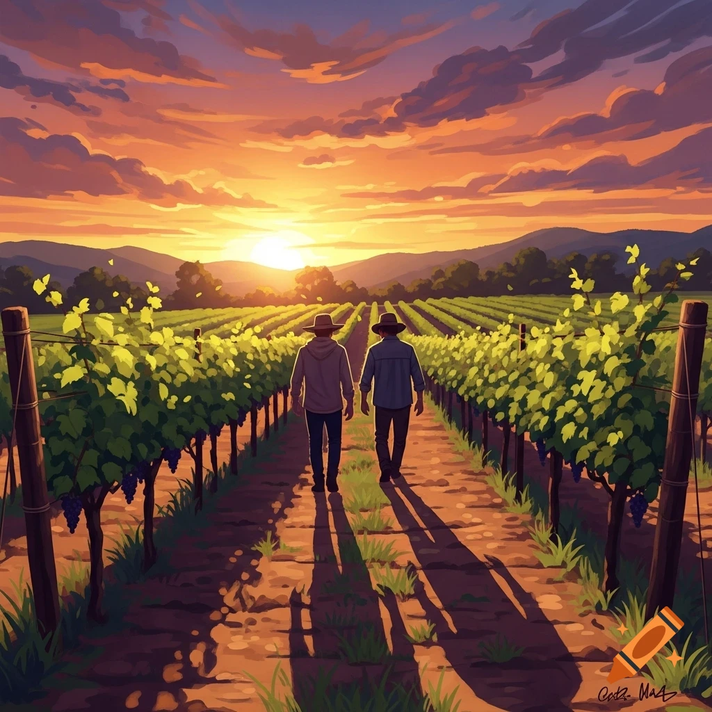 Two people walk down a dirt path through a vibrant vineyard at sunset, casting long shadows.