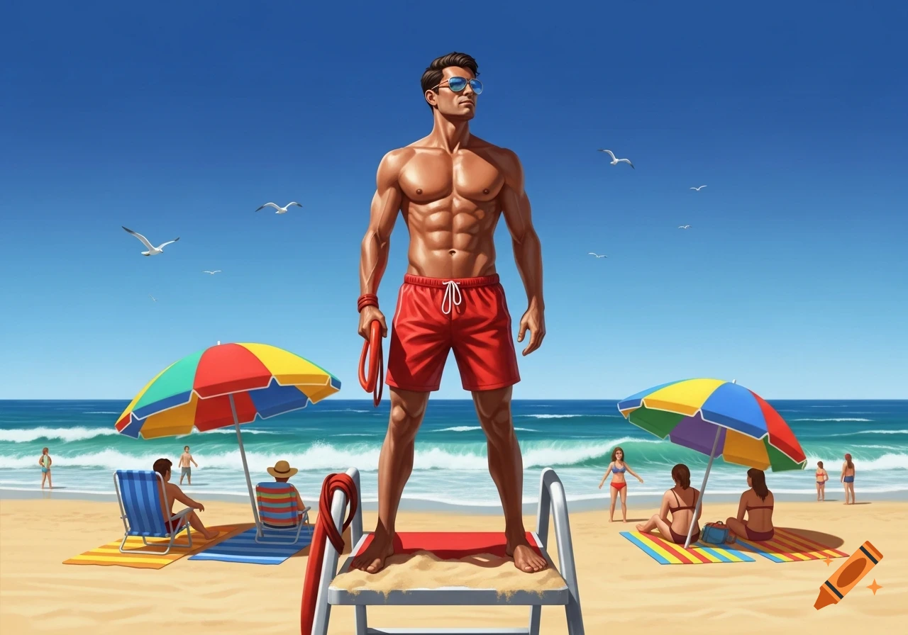 A muscular lifeguard in red shorts stands on a tall chair, overlooking a sunny beach with people and colorful umbrellas.