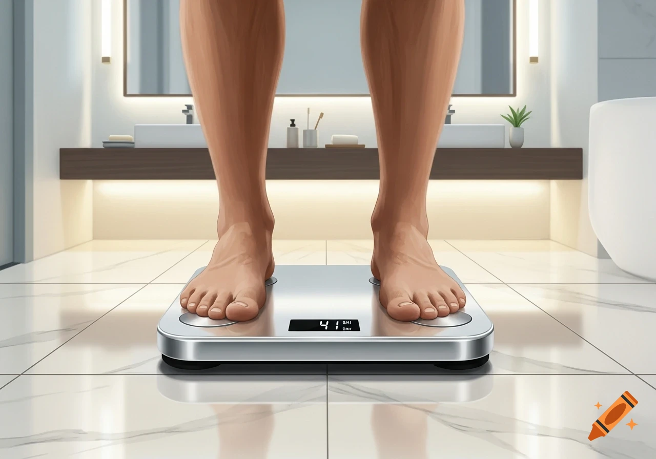 Illustrated bare feet standing on a silver digital weighing scale displaying "41" in a modern bathroom.