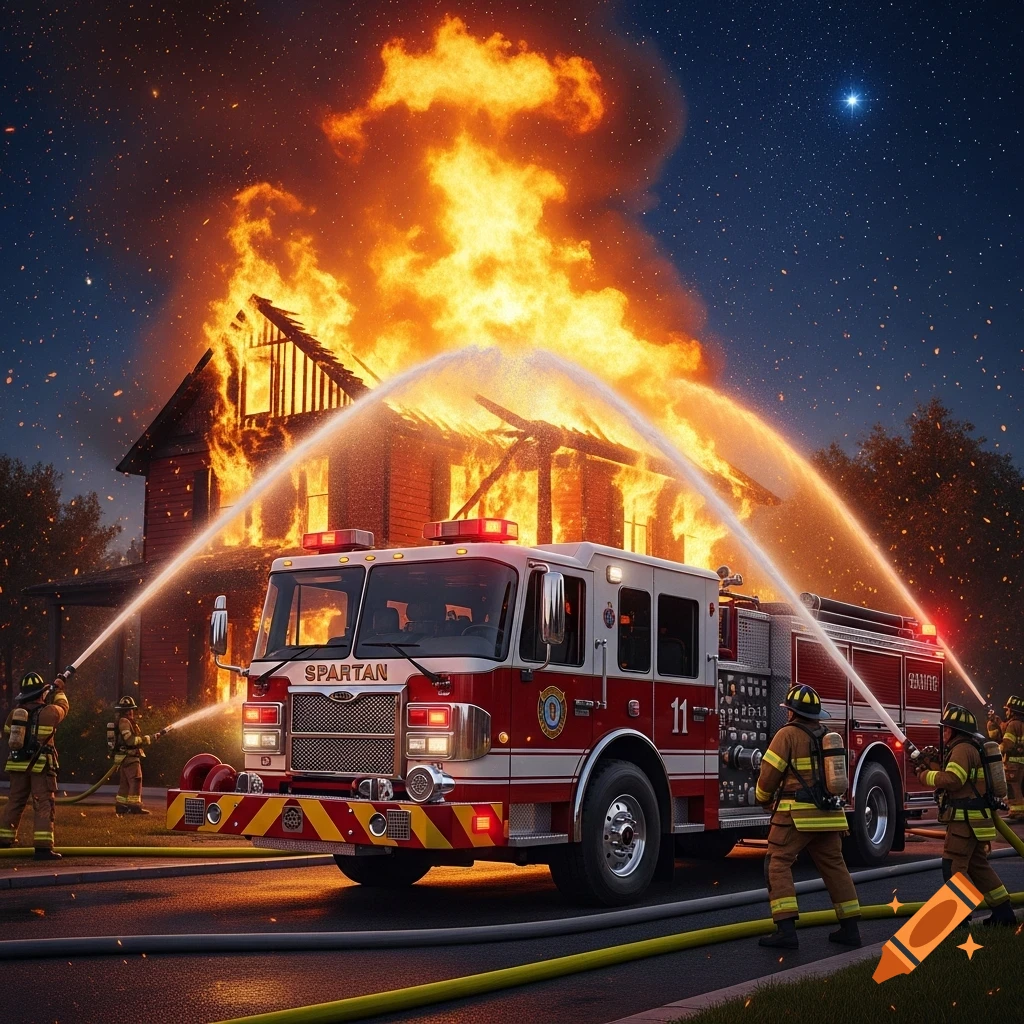 A Spartan fire truck with firefighters spraying water on a house engulfed in flames at night.