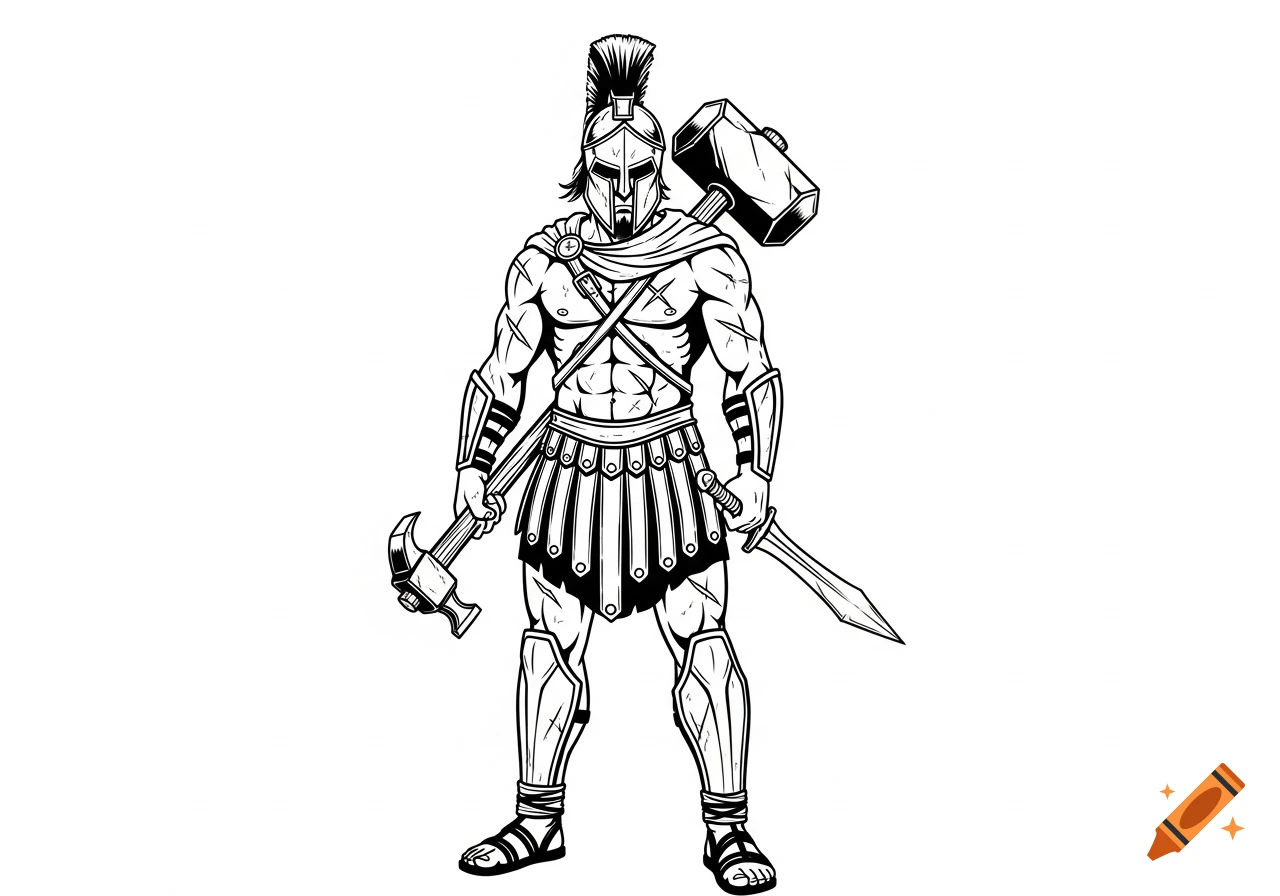 A black and white comic-style illustration of a muscular Spartan soldier with a helmet, holding a hammer and a sword, with another large hammer on his back.