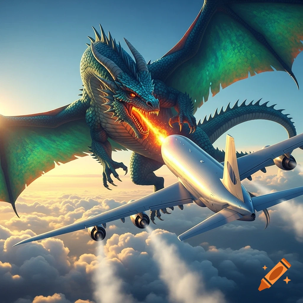 A photorealistic green and blue dragon with glowing red eyes breathes fire at a silver jumbo jet airplane, high above clouds during sunset.