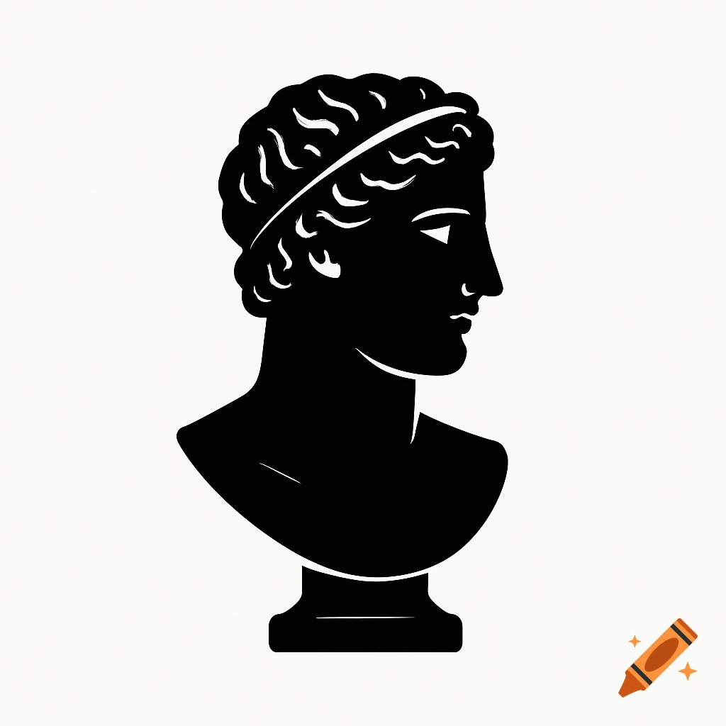 A black silhouette of a classical Greek or Roman bust in profile, facing right, on a white background.