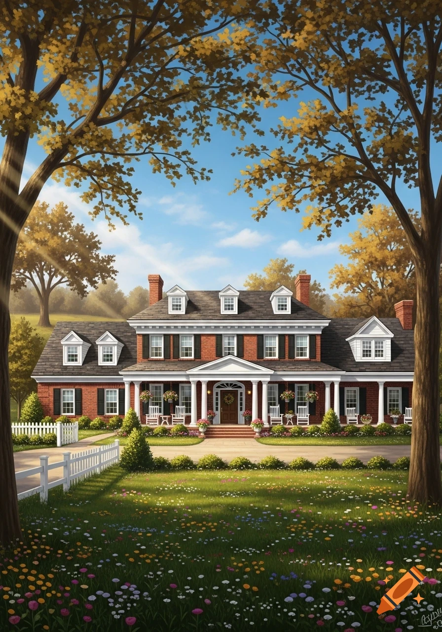 A large red brick colonial-style house with a white porch and columns, surrounded by a green lawn with wildflowers and fall trees under a blue sky.