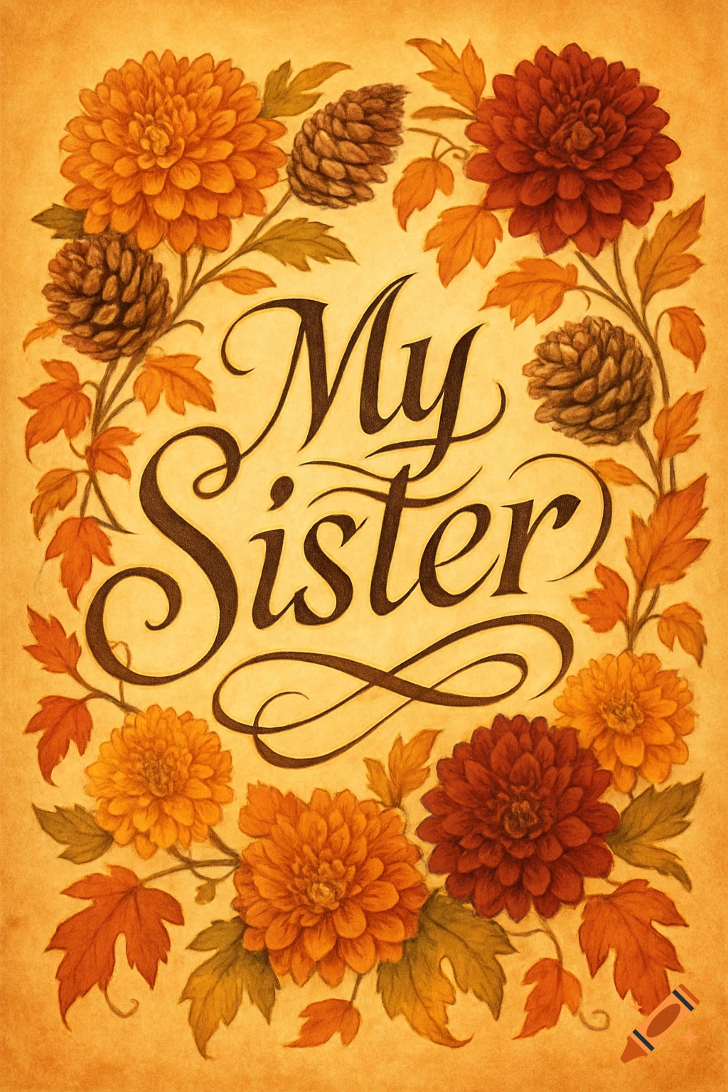 Calligraphic text 'My Sister' framed by orange and red autumn flowers, leaves, and pine cones on a warm background.