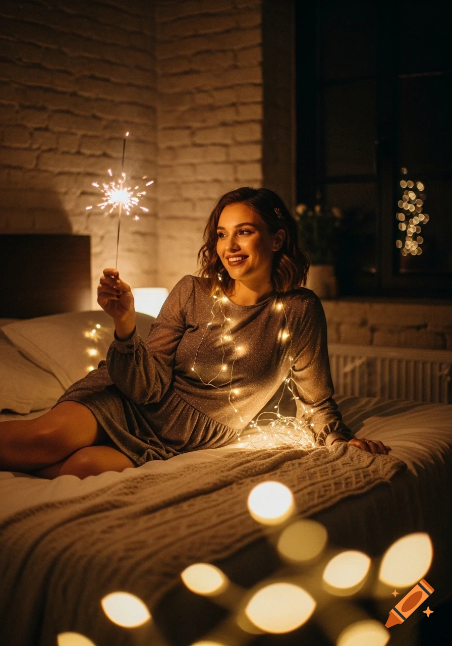 Smiling woman sits on a bed with string lights, holding a sparkler in a cozy, dark bedroom.