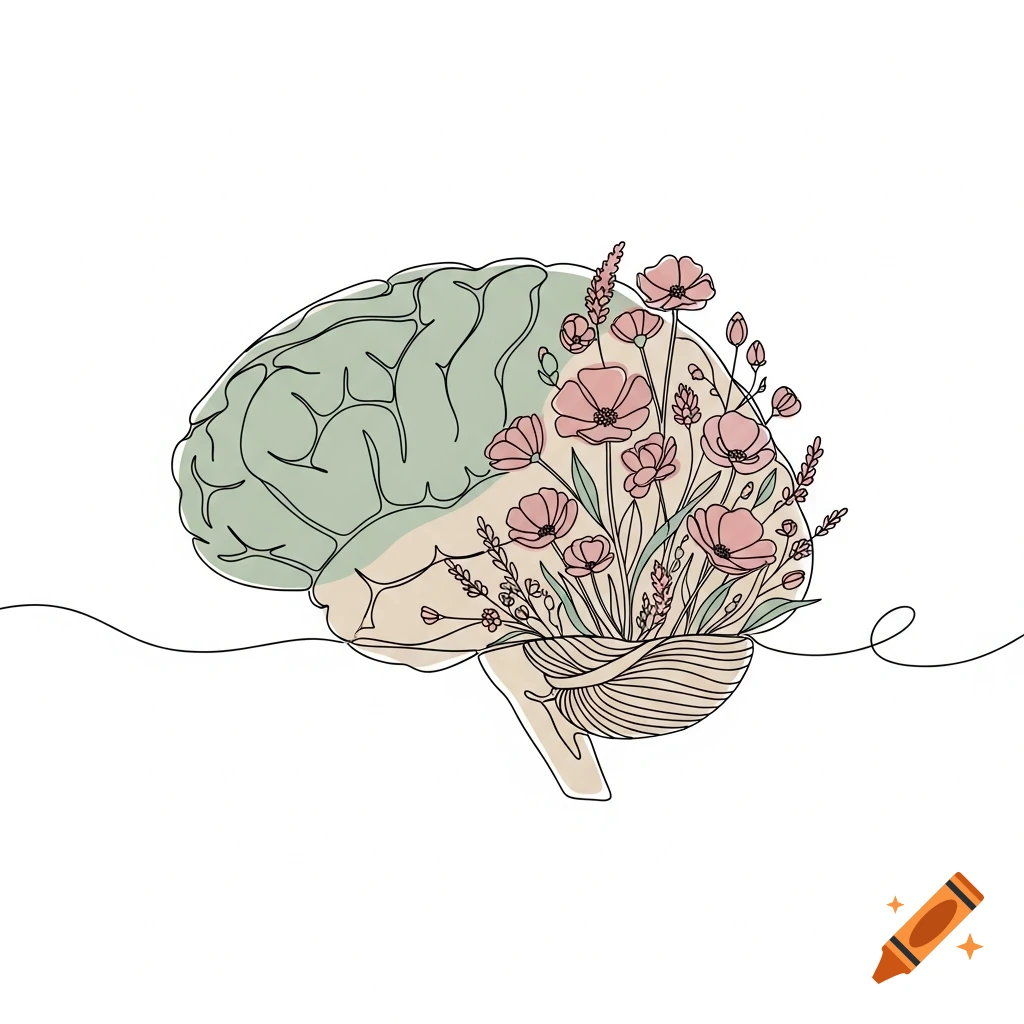 Minimalist line art illustration of a human brain transforming into blooming flowers, in soft pastel green, pink, and beige on white.