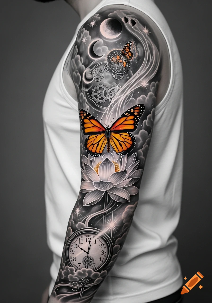 Detailed tattoo sleeve featuring an orange monarch butterfly on a white lotus flower, surrounded by clouds, moons, stars, gears, and a clock face.