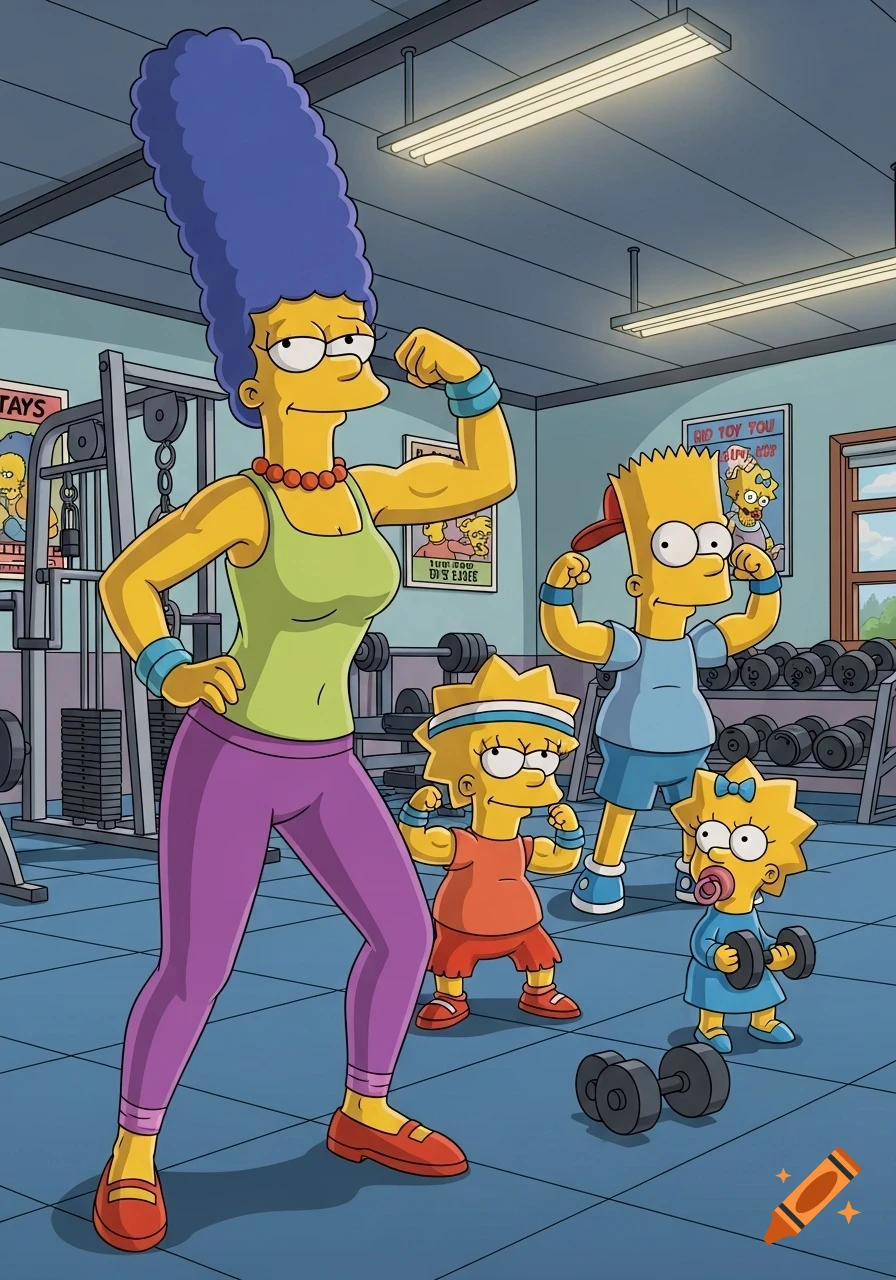 Marge Simpson, Bart, Lisa, and Maggie flex their muscles at a gym in cartoon style.