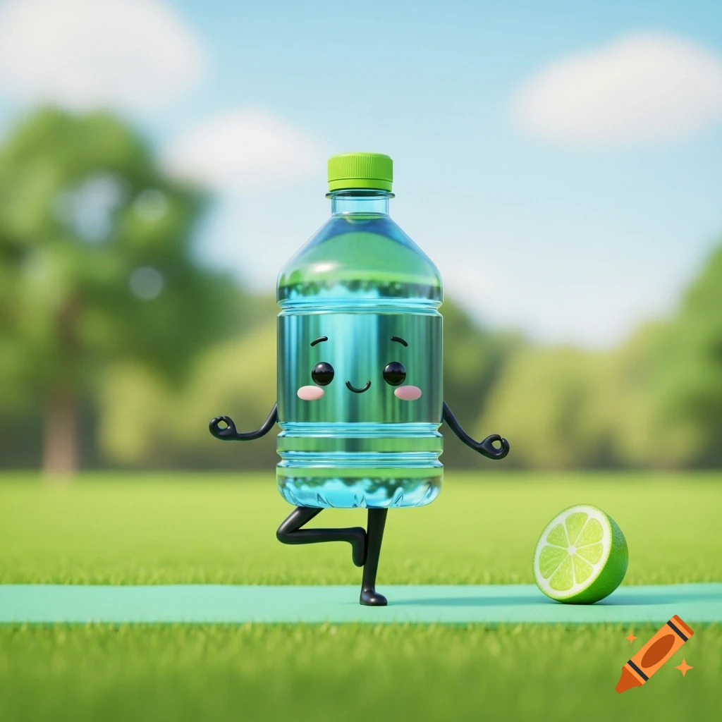 A cute animated water bottle with a happy face doing a yoga pose on a green mat outdoors, next to a sliced lime.