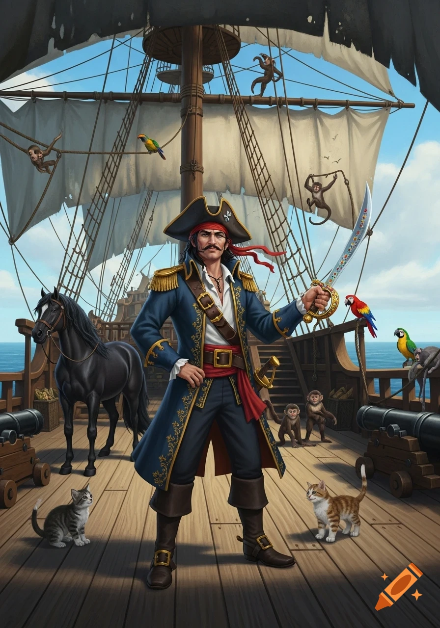 A cartoon pirate captain stands on a ship deck with a cutlass, surrounded by cats, monkeys, parrots, a horse, and cannons.