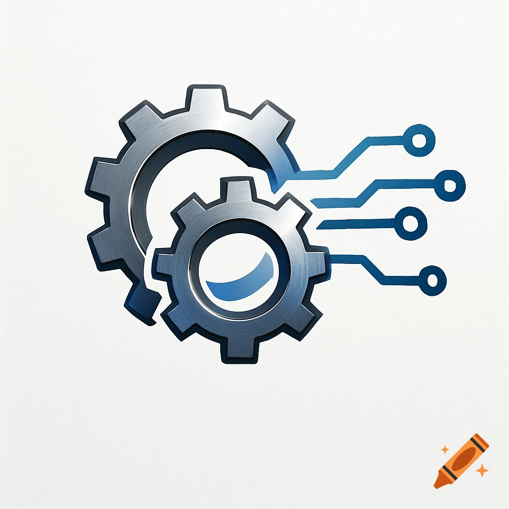 Metallic gears linked to blue circuit lines on a white background, in a logo style.
