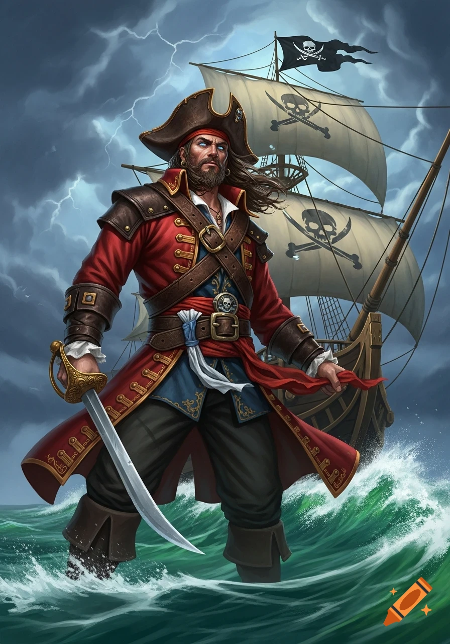 A rugged male pirate in a red coat and tricorn hat stands in choppy green seas, holding a cutlass, with a pirate ship under a stormy sky behind him.
