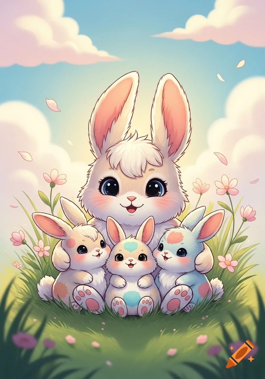 A sweet cartoon mother bunny and three baby bunnies sit in green grass with pink flowers under a blue sky with fluffy clouds.
