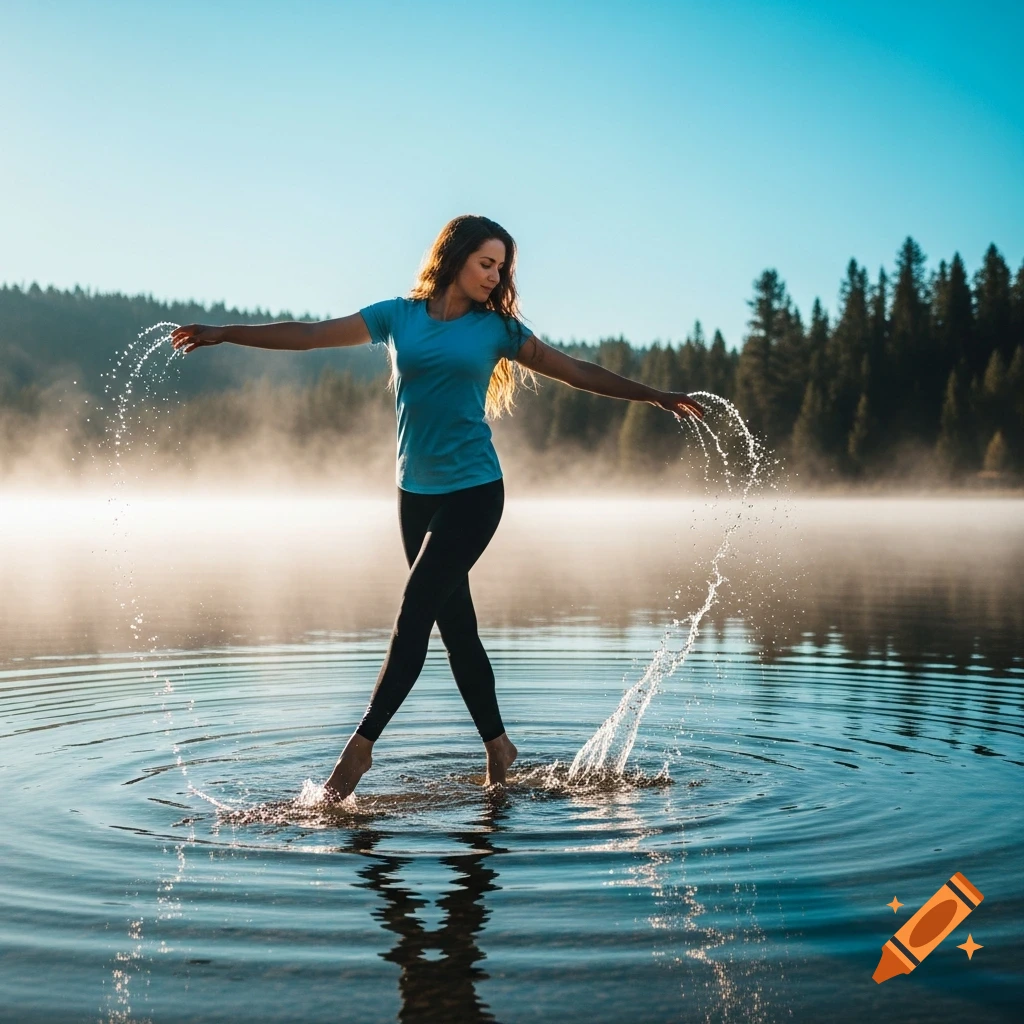 A woman in a blue t-shirt and leggings splashes water while dancing in a misty lake at sunrise.