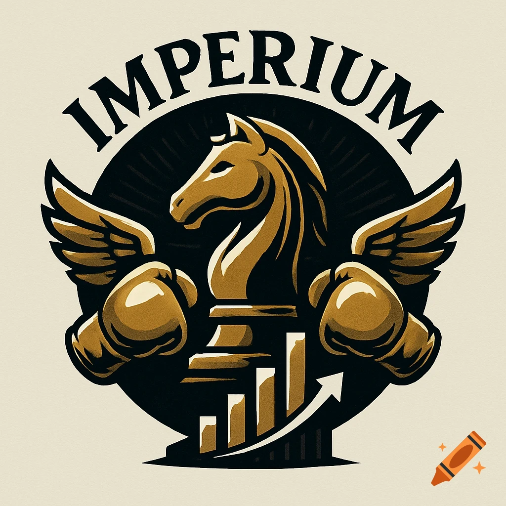 A stylized logo with a golden chess knight, wings, and boxing gloves, against a black circle, with 'IMPERIUM' text and growth chart bars.