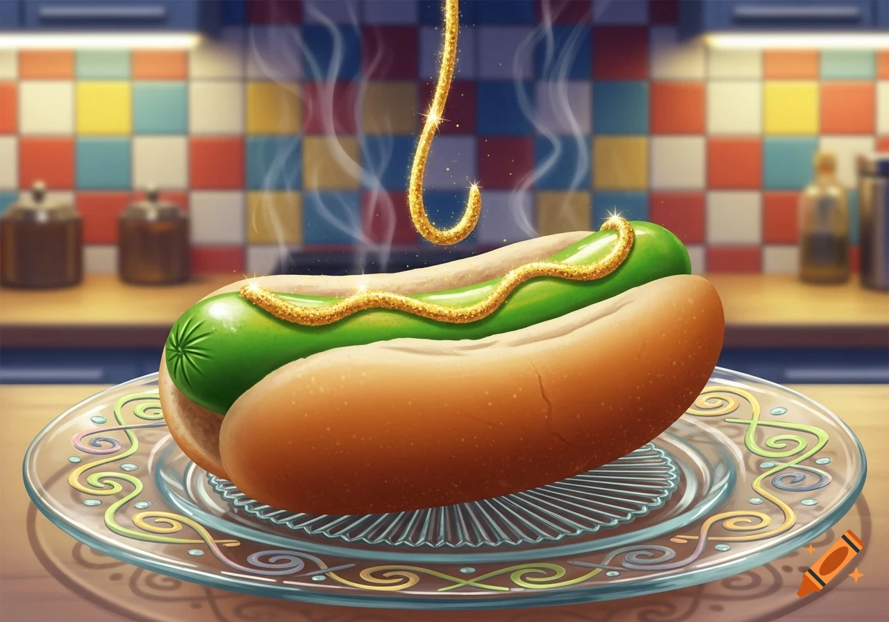 A stylized green hotdog with glistening gold mustard and steam on a decorative glass plate in a kitchen.