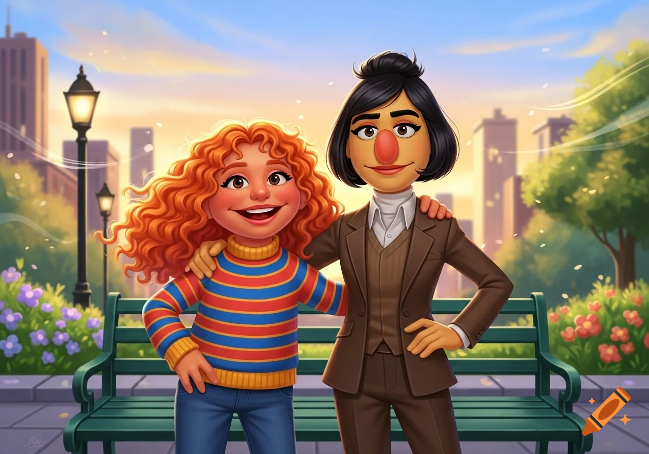 Two smiling female cartoon characters, one with red curly hair and a striped sweater, the other with a prominent nose and a brown suit, hug in a sunny park.