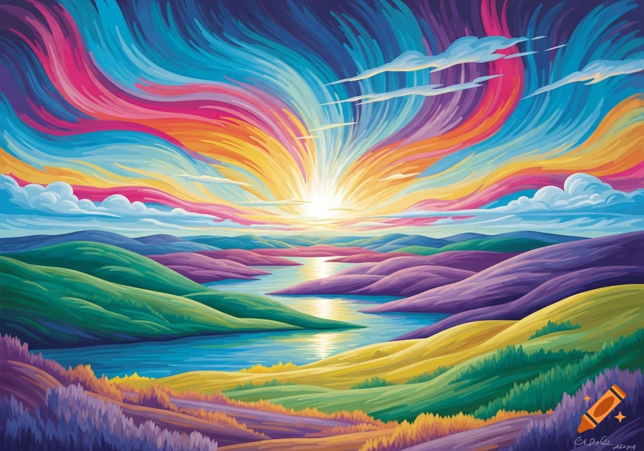 A vibrant stylized painting of a landscape with a river flowing through colorful hills under a brilliant, swirling sunrise.