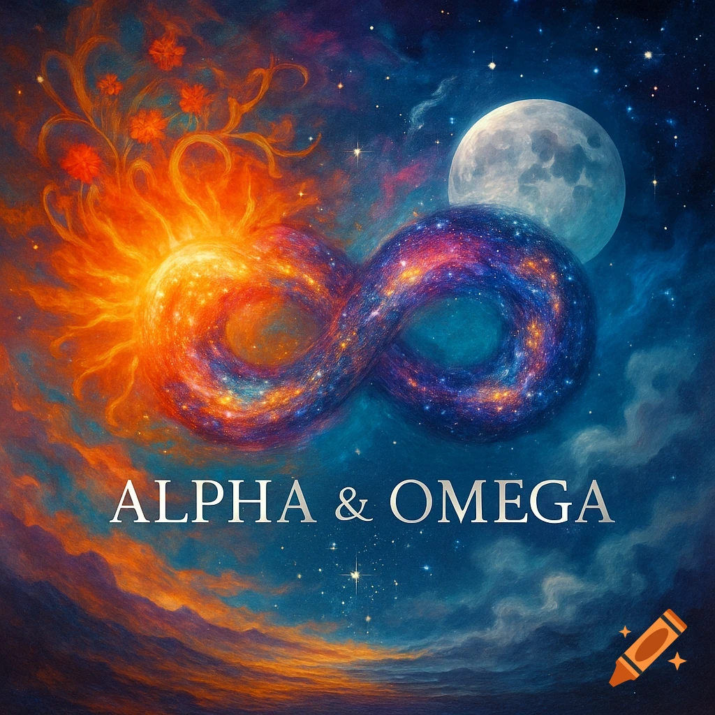 Vibrant cosmic art with an infinity symbol, a sun, and a moon on a starry background, with 'ALPHA & OMEGA' text.