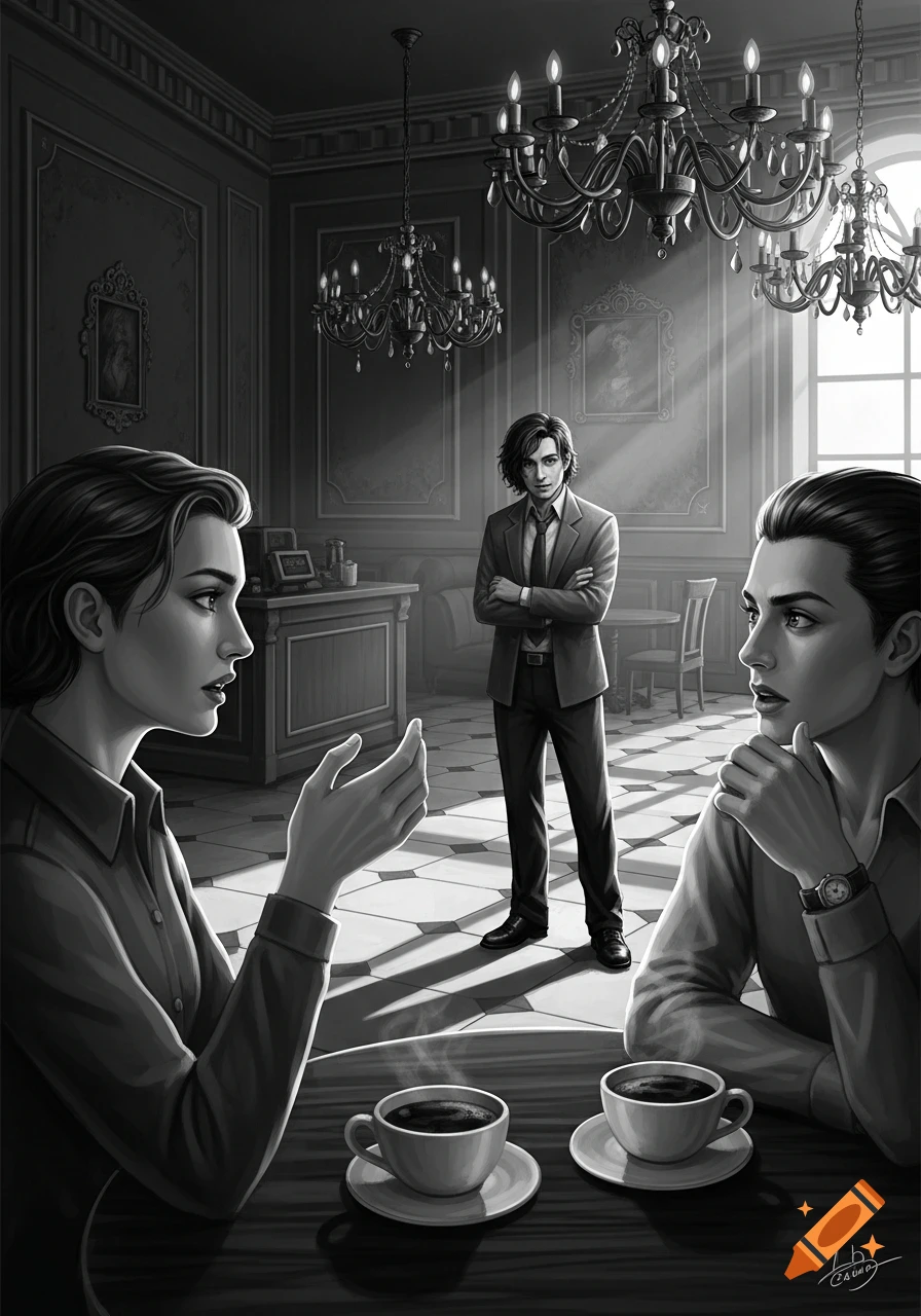 Black and white illustration of a man interrupting two women conversing at a table in a dimly lit, ornate room.