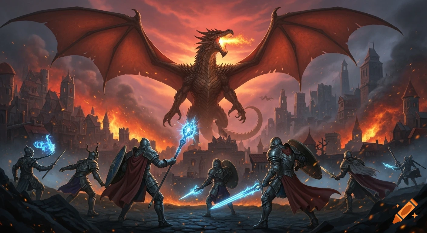 CRPG style image of a large dragon breathing fire, battling a group of heroes in a burning medieval city.