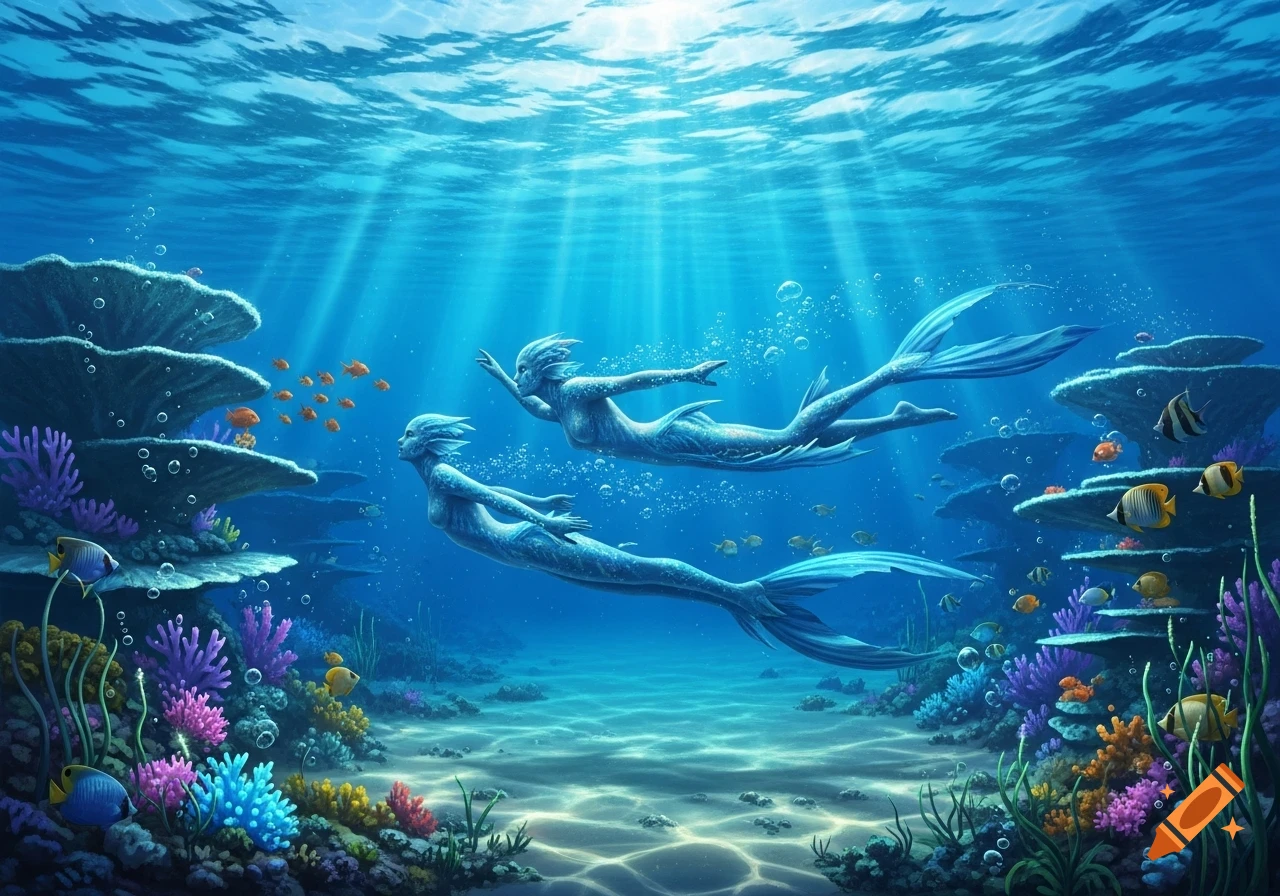 Two mermaids swim gracefully through a vibrant coral reef, with sunlight filtering through the clear blue water.