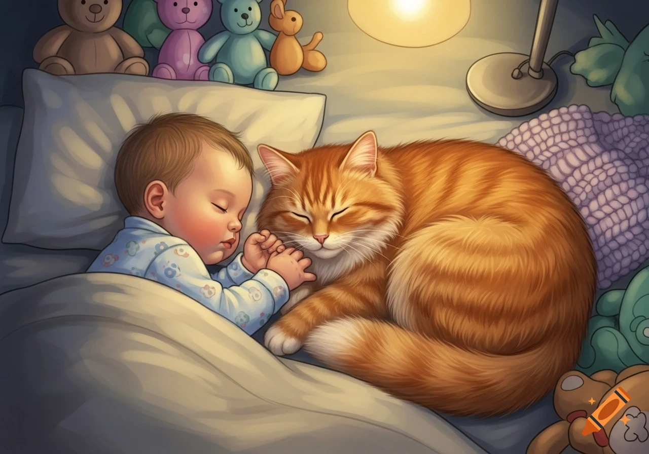 An illustration of a baby and a fluffy orange cat sleeping soundly together in a cozy bed at night.