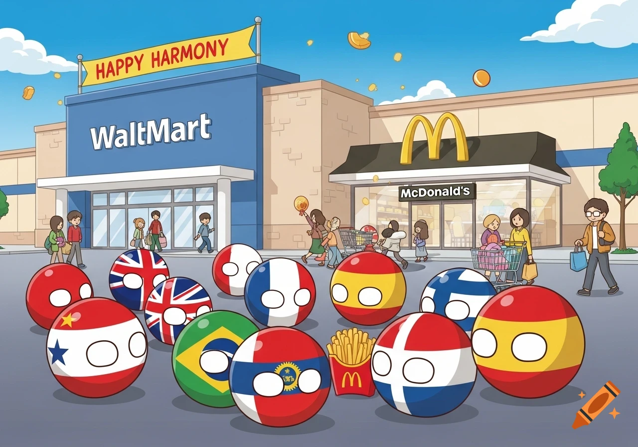A cartoon illustration showing various country balls and people outside a WaltMart store and a McDonald's restaurant under a blue sky.
