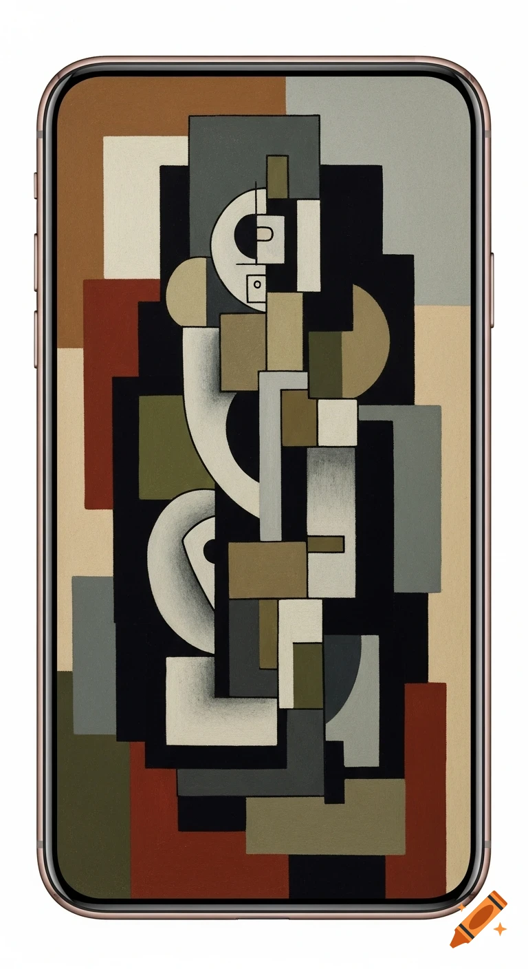 Cubist abstract geometric painting with muted earth tones displayed on a smartphone screen as wallpaper.